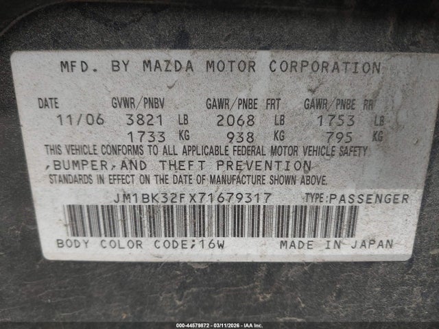 Продажа на аукционе авто 2007 Mazda Mazda3 I Touring, vin: JM1BK32FX71679317, номер лота: 44579872