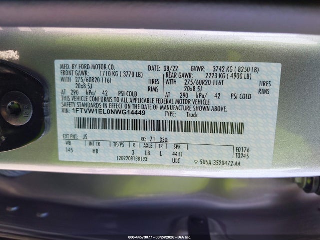 Продажа на аукционе авто 2022 Ford F-150 Lightning Lariat, vin: 1FTVW1EL0NWG14449, номер лота: 44579877