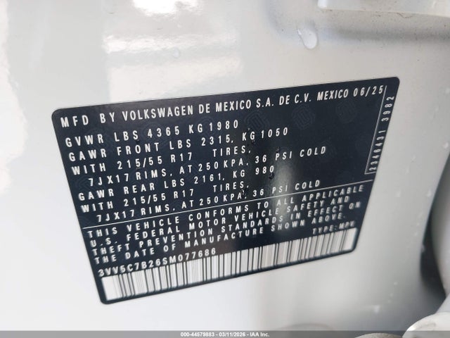 Aukcja sprzedaży 2025 Volkswagen Taos 1.5t S, vin: 3VV5C7B26SM077686, numer aukcji: 44579883