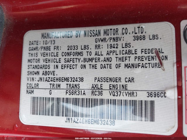 Продажа на аукционе авто 2014 Nissan 370z, vin: JN1AZ4EH6EM632438, номер лота: 44579886