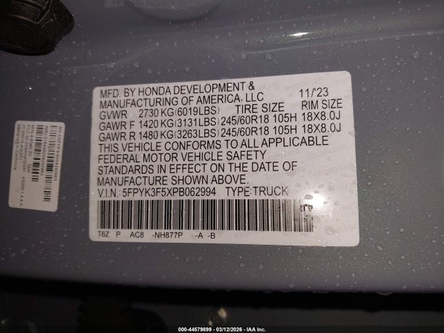 Aukcja sprzedaży 2023 Honda Ridgeline Rtl, vin: 5FPYK3F5XPB062994, numer aukcji: 44579899