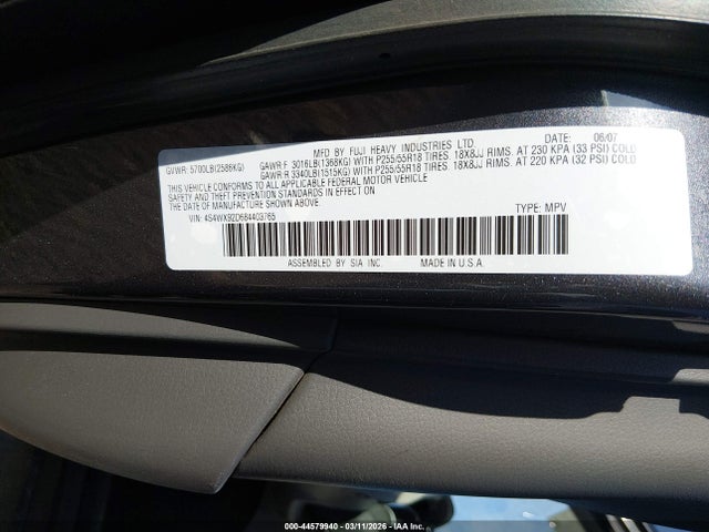 44579940 :رقم المزاد ، 4S4WX92D684403765 vin ، 2008 Subaru Tribeca Limited 5-passenger مزاد بيع