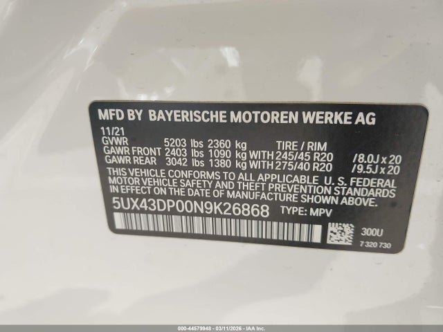 5UX43DP00N9K26868 BMW X3 Sdrive30i