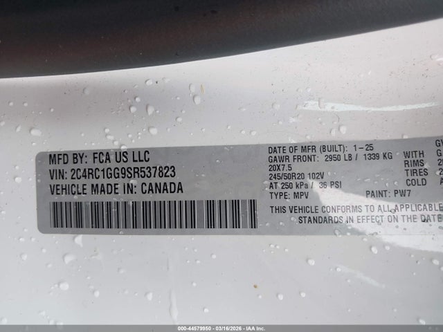 2025 Chrysler Pacifica Limited მანქანა იყიდება აუქციონზე, vin: 2C4RC1GG9SR537823, აუქციონის ნომერი: 44579950