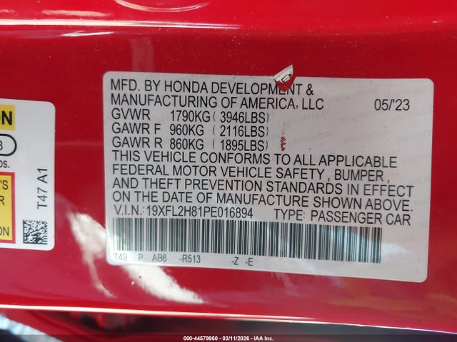 2023 Honda Civic Sport მანქანა იყიდება აუქციონზე, vin: 19XFL2H81PE016894, აუქციონის ნომერი: 44579960