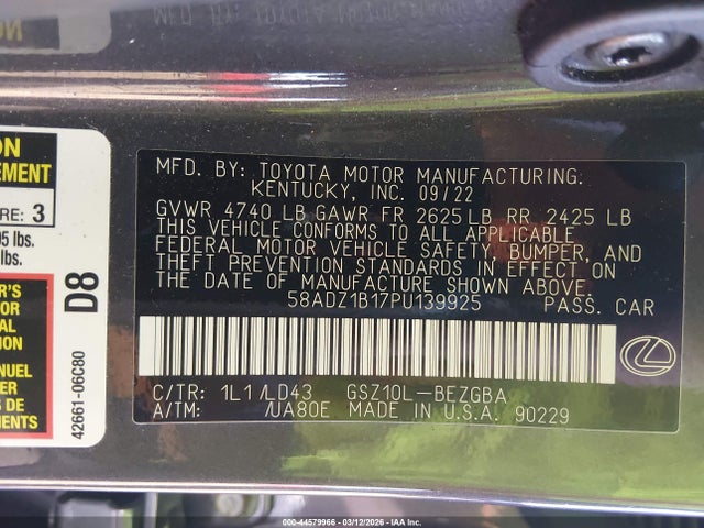 2023 Lexus Es 350 მანქანა იყიდება აუქციონზე, vin: 58ADZ1B17PU139925, აუქციონის ნომერი: 44579966