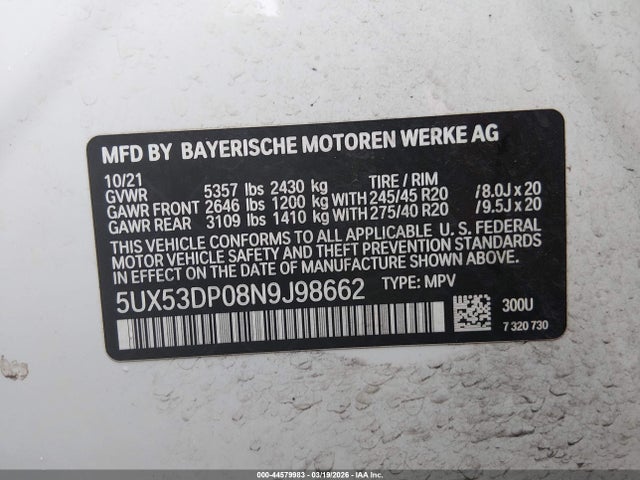 BMW X3 Xdrive30i 2022 5UX53DP08N9J98662 Image 9