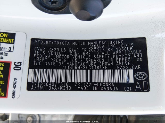 2T1BURHE3FC418486 Toyota Corolla Le Plus