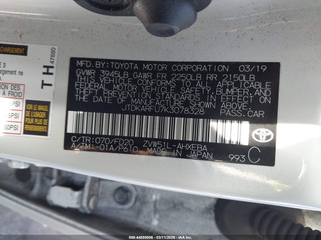 Aukcja sprzedaży 2019 Toyota Prius Le, vin: JTDKARFU7K3078328, numer aukcji: 44580006