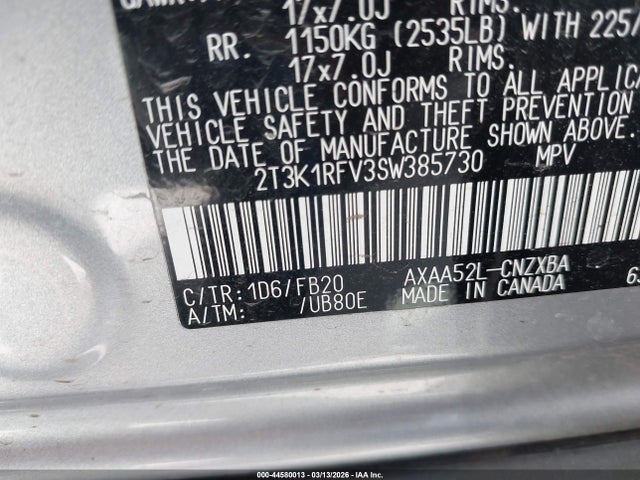 2T3K1RFV3SW385730 Toyota RAV4 LE