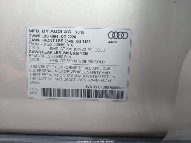 44580016 :رقم المزاد ، WA1EFCFS6GR008537 vin ، 2016 Audi Q3 2.0t Premium Plus مزاد بيع