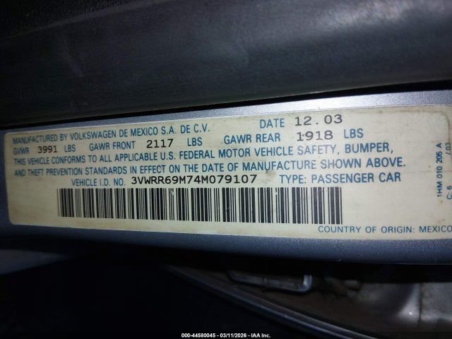 Aukcja sprzedaży 2004 Volkswagen Jetta Gl Tdi, vin: 3VWRR69M74M079107, numer aukcji: 44580045