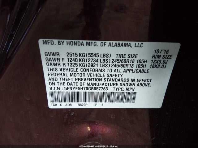 5FNYF5H70GB057763 Honda Pilot Ex-l