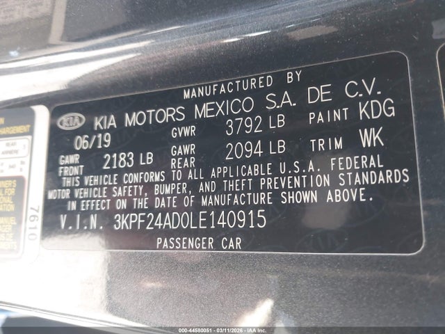 44580051 :رقم المزاد ، 3KPF24AD0LE140915 vin ، 2020 Kia Forte Lxs مزاد بيع