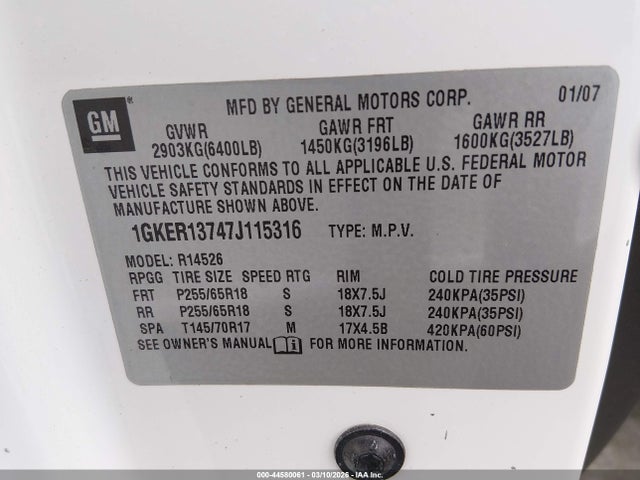 44580061 :رقم المزاد ، 1GKER13747J115316 vin ، 2007 Gmc Acadia Sle-1 مزاد بيع