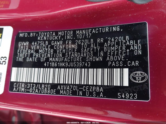 44580074 :رقم المزاد ، 4T1B61HK9JU539743 vin ، 2018 Toyota Camry Xse مزاد بيع