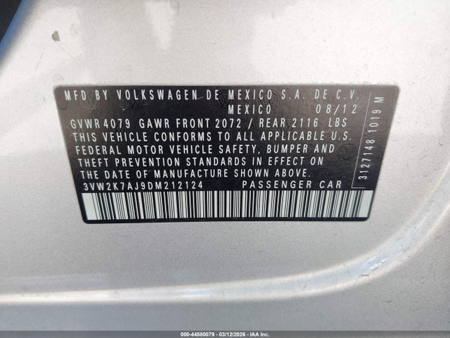 44580079 :رقم المزاد ، 3VW2K7AJ9DM212124 vin ، 2013 Volkswagen Jetta 2.0l S مزاد بيع