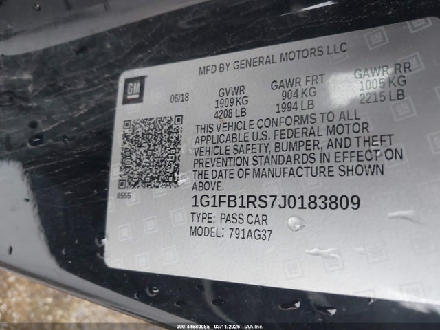 Продажа на аукционе авто 2018 Chevrolet Camaro 1lt, vin: 1G1FB1RS7J0183809, номер лота: 44580085