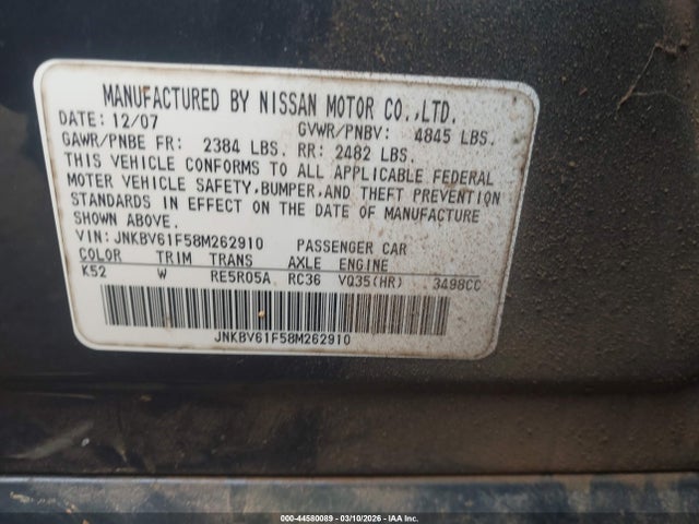 Aukcja sprzedaży 2008 Infiniti G35x, vin: JNKBV61F58M262910, numer aukcji: 44580089