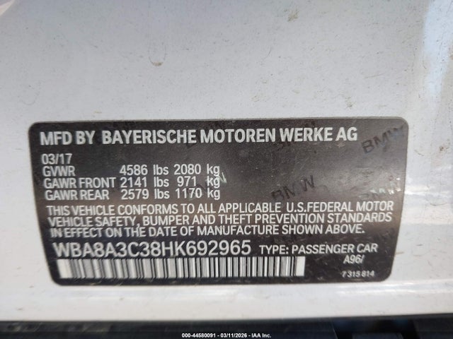 44580091 :رقم المزاد ، WBA8A3C38HK692965 vin ، 2017 Bmw 320i Xdrive مزاد بيع