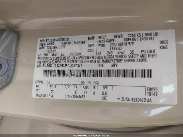 Продаж на аукціоні авто 2018 Lincoln Mkc Select, vin: 5LMCJ2D98JUL07157, номер лоту: 44580093