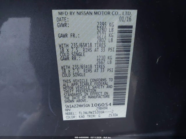 5N1AZ2MH5GN106054 Nissan Murano Platinum/s/sl/sv