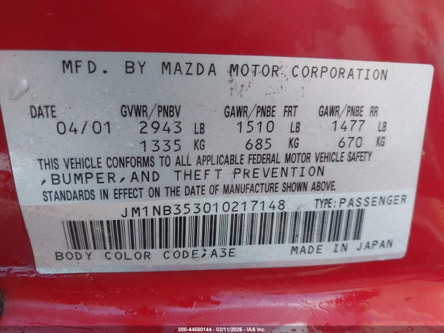 44580144 :رقم المزاد ، JM1NB353010217148 vin ، 2001 Mazda Mx-5 Miata Ls/special Edition مزاد بيع
