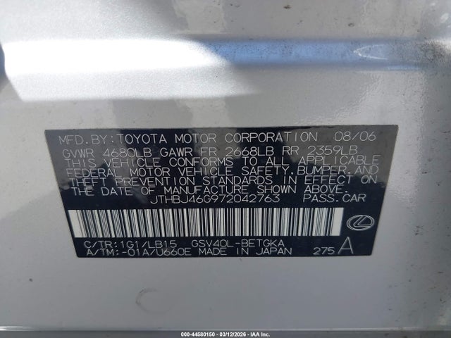 Продажа на аукционе авто 2007 Lexus Es 350, vin: JTHBJ46G972042763, номер лота: 44580150