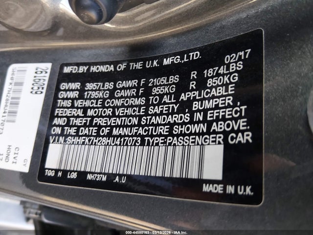 Honda Civic Lx 2017 SHHFK7H28HU417073 Image 9
