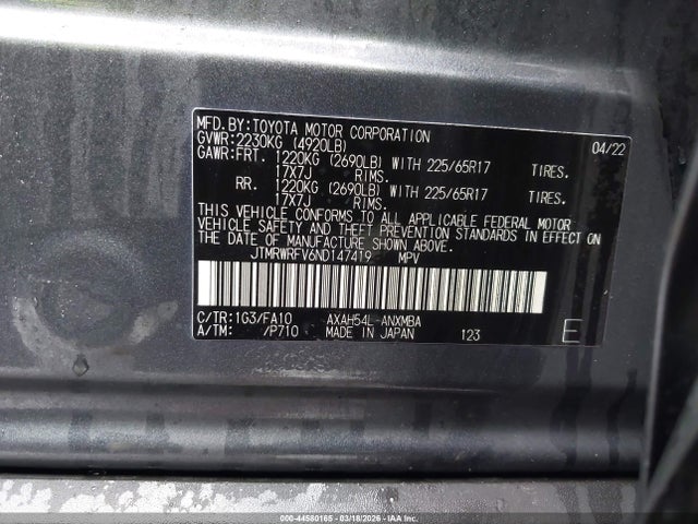 JTMRWRFV6ND147419 Toyota Rav4 Hybrid Xle
