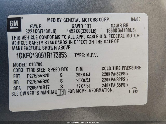 2007 Gmc Yukon Slt მანქანა იყიდება აუქციონზე, vin: 1GKFC13097R173853, აუქციონის ნომერი: 44580167