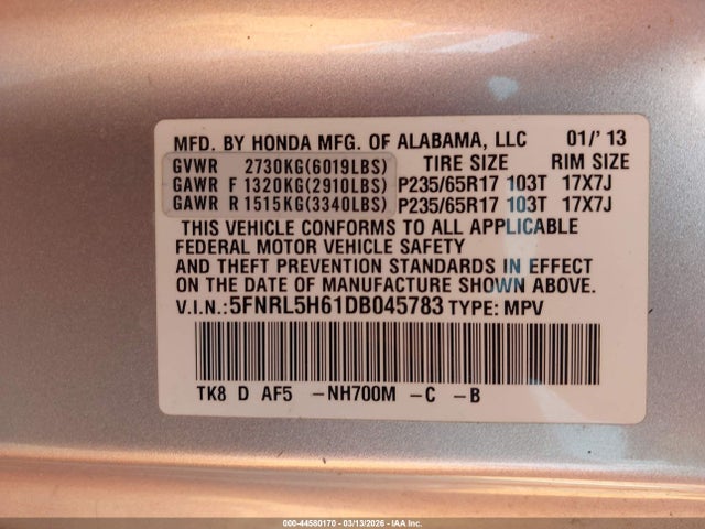 44580170 :رقم المزاد ، 5FNRL5H61DB045783 vin ، 2013 Honda Odyssey Ex-l مزاد بيع