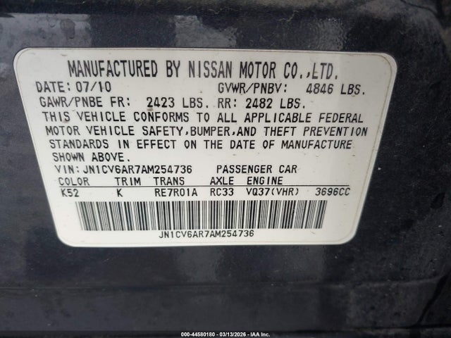 Aukcja sprzedaży 2010 Infiniti G37x, vin: JN1CV6AR7AM254736, numer aukcji: 44580180