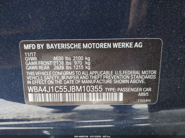 2018 Bmw 430i Gran Coupe მანქანა იყიდება აუქციონზე, vin: WBA4J1C55JBM10355, აუქციონის ნომერი: 44580188