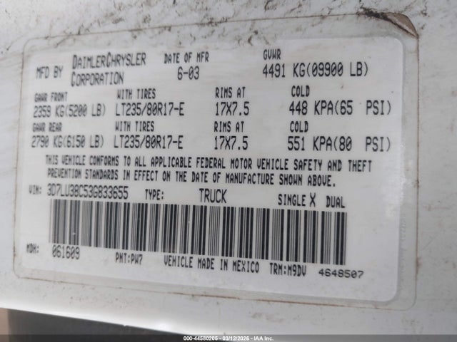 Aukcja sprzedaży 2003 Dodge Ram 3500 Slt/laramie/st, vin: 3D7LU38C53G833655, numer aukcji: 44580205