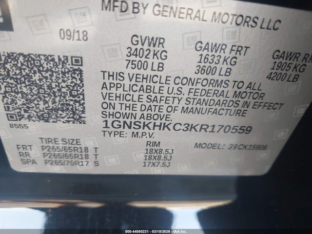 44580221 :رقم المزاد ، 1GNSKHKC3KR170559 vin ، 2019 Chevrolet Suburban Lt مزاد بيع
