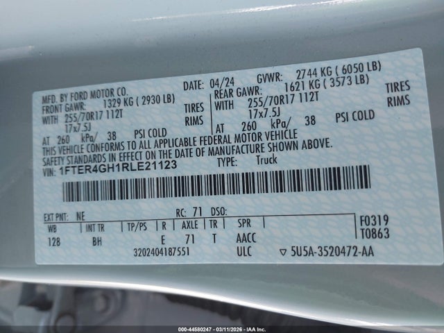 44580247 :رقم المزاد ، 1FTER4GH1RLE21123 vin ، 2024 Ford Ranger Xlt مزاد بيع