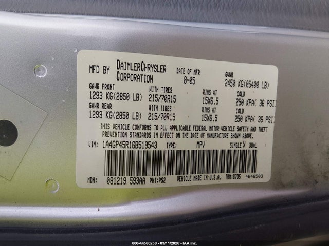 44580250 :رقم المزاد ، 1A4GP45R16B519543 vin ، 2006 Chrysler Town & Country مزاد بيع