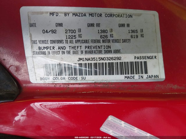 44580260 :رقم المزاد ، JM1NA3515N0326292 vin ، 1992 Mazda Mx-5 Miata مزاد بيع