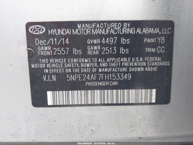 5NPE24AF7FH153349 Hyundai SONATA SE