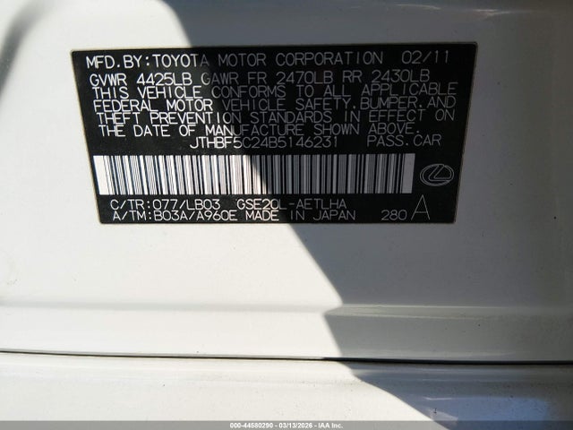 Aukcja sprzedaży 2011 Lexus Is 250, vin: JTHBF5C24B5146231, numer aukcji: 44580290