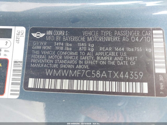 2010 MINI COOPER S WMWMF7C58ATX44359 Photo 8