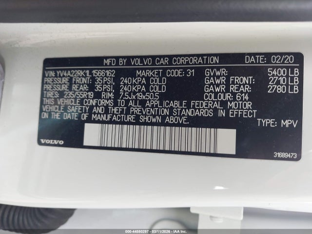 Продаж на аукціоні авто 2020 Volvo Xc60 T6 Momentum, vin: YV4A22RK1L1566162, номер лоту: 44580297