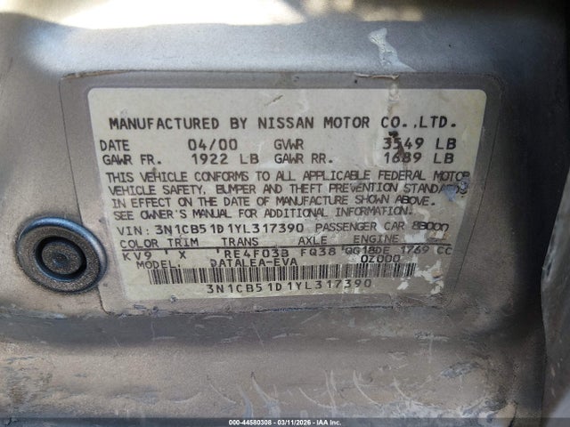Aukcja sprzedaży 2000 Nissan Sentra Gxe/xe, vin: 3N1CB51D1YL317390, numer aukcji: 44580308