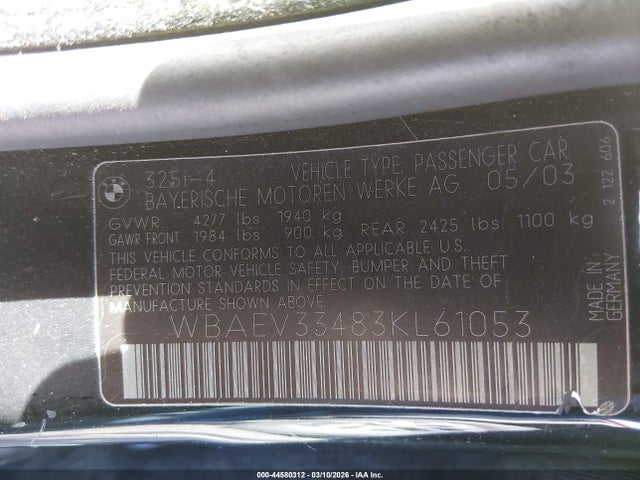 Продажа на аукционе авто 2003 Bmw 325i, vin: WBAEV33483KL61053, номер лота: 44580312
