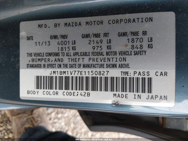44580319 :رقم المزاد ، JM1BM1V77E1150827 vin ، 2014 Mazda Mazda3 I Touring مزاد بيع