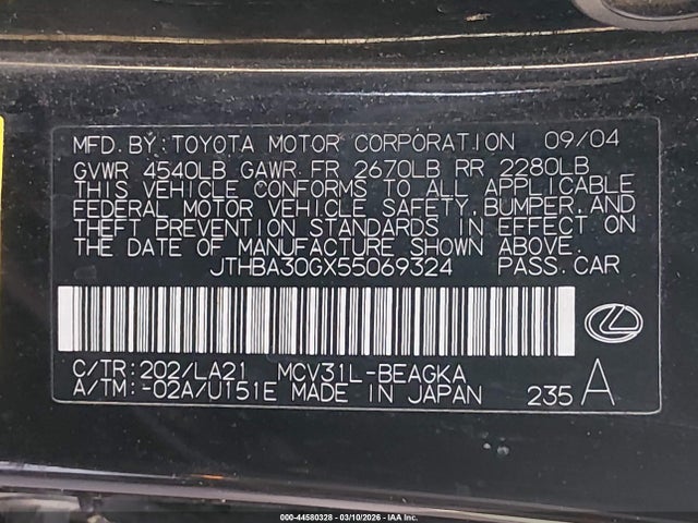 44580328 :رقم المزاد ، JTHBA30GX55069324 vin ، 2005 Lexus Es 330 مزاد بيع