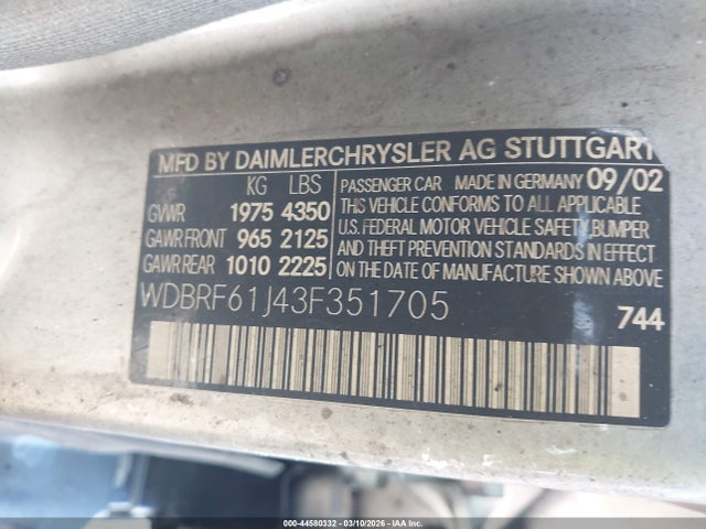 Aukcja sprzedaży 2003 Mercedes-benz C 240, vin: WDBRF61J43F351705, numer aukcji: 44580332