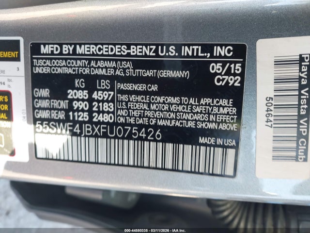 44580335 :رقم المزاد ، 55SWF4JBXFU075426 vin ، 2015 Mercedes-benz C 300 مزاد بيع