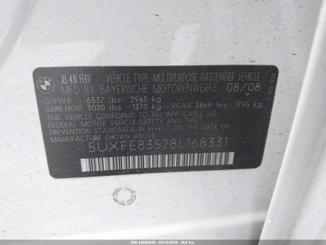 Aukcja sprzedaży 2008 Bmw X5 4.8i, vin: 5UXFE83528L168331, numer aukcji: 44580349